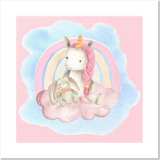 Cute pink baby unicorn with her favourite bunny toy sitting on a fluffy pink cloud Posters and Art